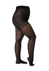 Schwarze, gepunktete Strumpfhosen mit einem Diamantmuster, semi-transparentem Finish und hohem Bund, gestaltet für Komfort und Stil.