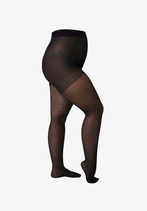 Schwarze, gepunktete Strumpfhosen mit einem Diamantmuster, semi-transparentem Finish und hohem Bund, gestaltet für Komfort und Stil.