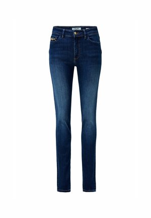 Jeans skinny in denim blu scuro con un classico design a cinque tasche, leggere sfumature e dettagli in metallo dorato nella parte anteriore.
