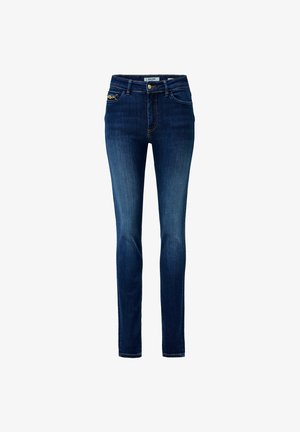 Skinny jeans in dark blue denim featuring a classic five-pocket design, subtle whiskering, and gold-tone hardware accents at the front.
