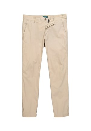 Beige Baumwoll-Chinos mit geradem Bein, ausgestattet mit einem Knopfverschluss, Gürtelschlaufen und seitlichen Taschen. Glatte Textur, keine Muster.