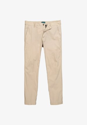 Beige bomulds chinos med et lige ben design, der har knaplukning, bæltestropper og sidelommer. Glat tekstur, uden mønstre.