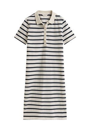 Φόρεμα πόλο με κοντά μανίκια, μαύρες οριζόντιες ρίγες σε λευκό φόντο και μπεζ γιακά, με κουμπιά στο μπροστινό μέρος.