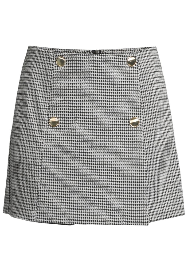 Jupe noire et blanche à carreaux avec une coupe droite, ornée de trois boutons dorés à l'avant, réalisée en tissu texturé.