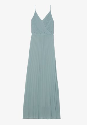 Vestido plisado de color azul claro con diseño envolvente, tirantes finos y silueta fluida, confeccionado en una tela ligera.