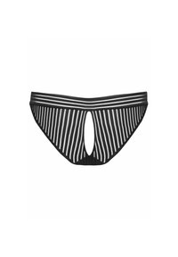 Bikini rayé noir et blanc avec un devant découpé. Fabriqué en tissu doux, il présente un design taille basse et une ceinture élastique.