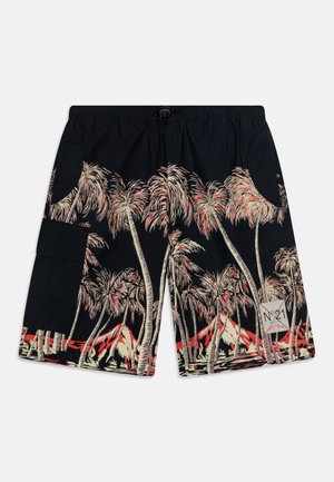 Black shorts with an elastic waistband and tropical palm tree and volcano print in beige and red tones, featuring a side pocket and a brand label.