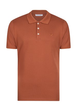 Polo marrón hecho de tejido texturizado, con un cuello, placket de tres botones y un pequeño logo bordado en el pecho.