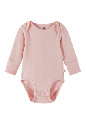 Long-sleeve baby bodysuit in soft pink fabric. Round neckline, snap closure at the bottom, and ribbed cuffs for a snug fit.