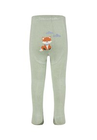 Grüne, gestrickte Leggings mit einem orangefarbenen Fuchsdesign und zwei Wolken auf der Rückseite. Weicher Stoff mit einer engen Passform.