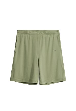 Men's athletic shorts in light green fabric, featuring an elastic waistband, side pockets, and a black logo on the left side.