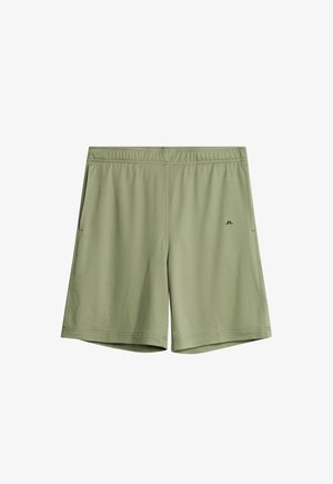 Mannen sportshorts van lichtgroene stof, met een elastische tailleband, zijzakken en een zwart logo aan de linkerkant.