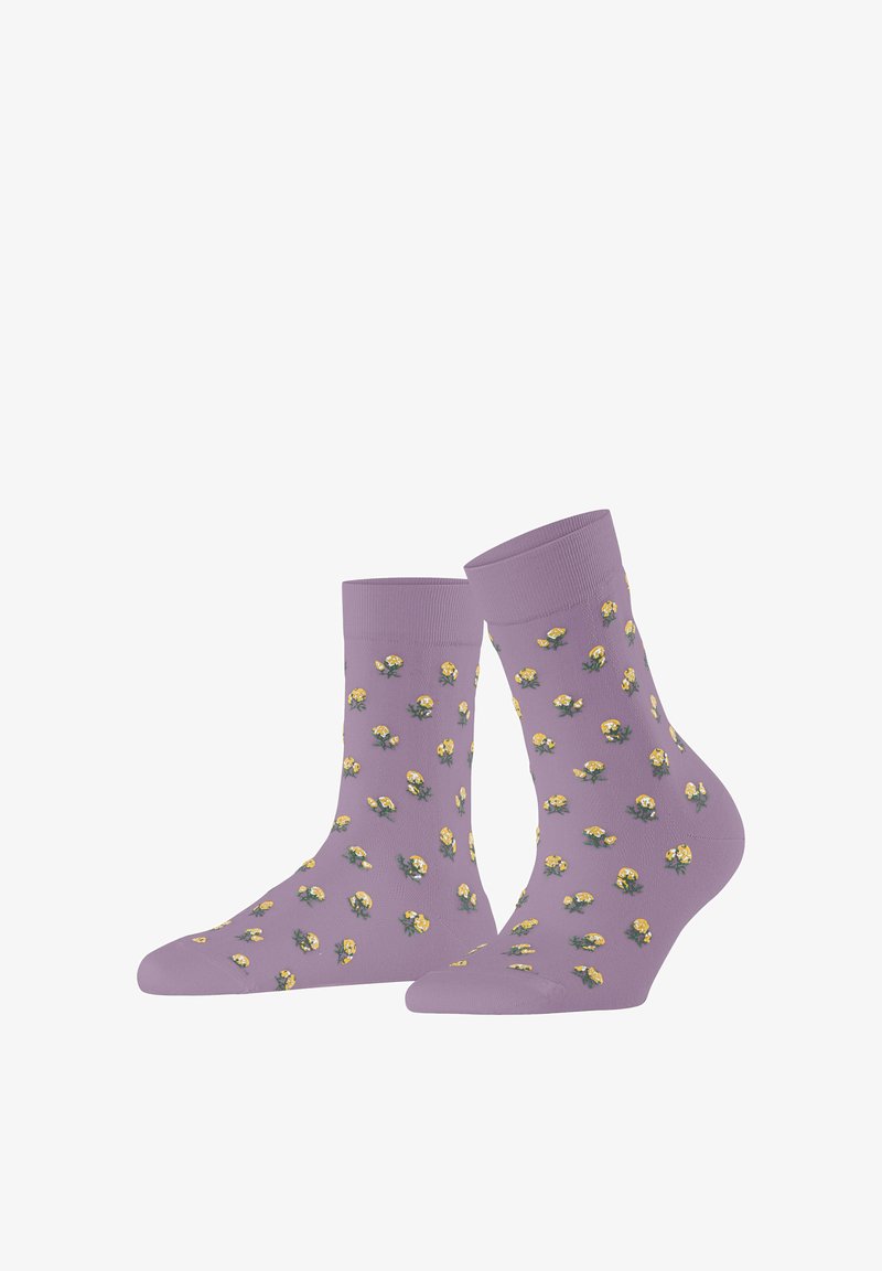 Lila Knöchelsocken mit kleinen gelben und weißen Blumenmustern, die gleichmäßig über den Stoff verteilt sind.