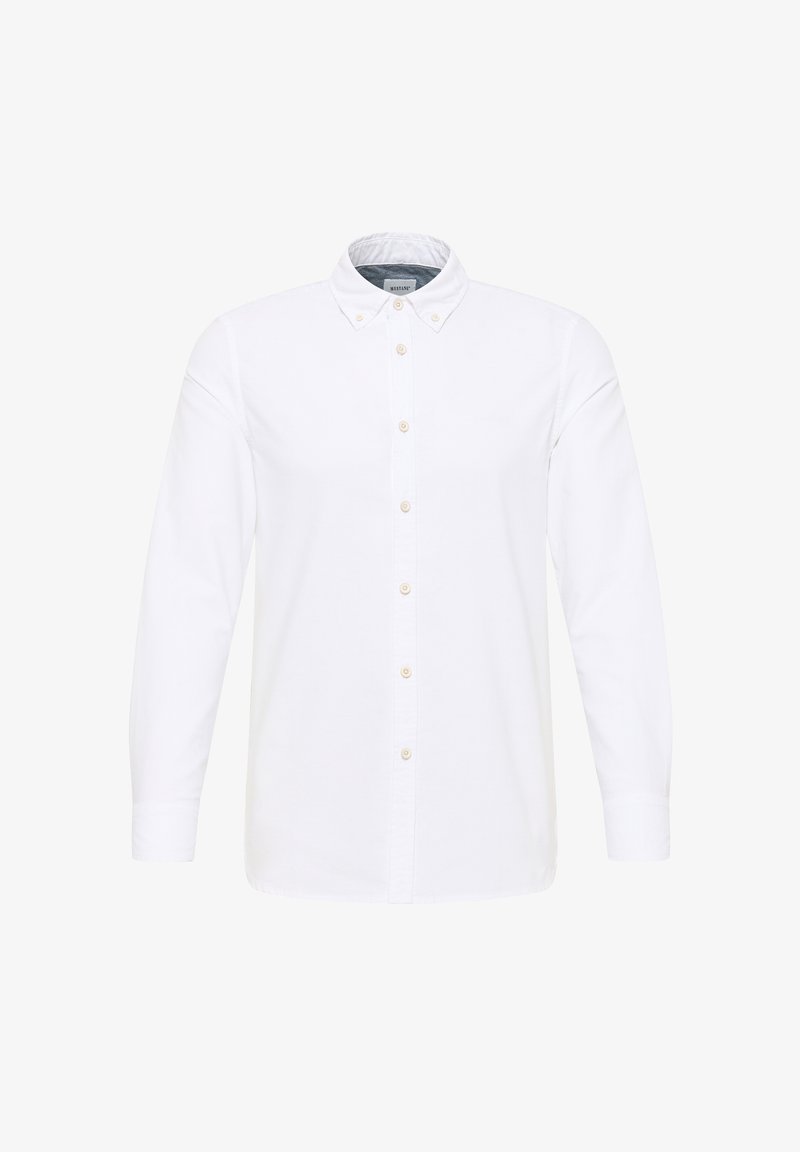 Biała koszula z długim rękawem wykonana z bawełny, z kołnierzykiem zapinanym na guziki, listwą frontową z beżowymi guzikami oraz detalem z logo na klatce piersiowej.