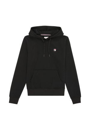 Musta huppari pehmeästä kankaasta. Ominaisuuksiin kuuluu etupuolen kangaroo-tasku, ribattu hihansuu ja pieni logopatch vasemmassa rinnassa.