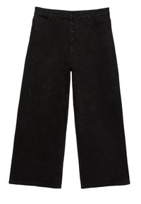 Black high-waist wide-leg jeans with button fly closure and subtle floral pattern throughout the fabric.