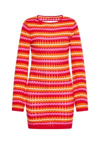 Abito in maglia con una vestibilità aderente, maniche lunghe e un ampio scollo, caratterizzato da un motivo zigzag multicolore in tonalità di rosso, rosa e arancione.