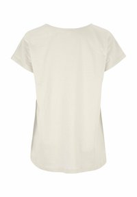 Lys beige kortærmet t-shirt med rund halsudskæring, glat tekstur og afslappet pasform. Har en lige kant og ingen synlige logoer.
