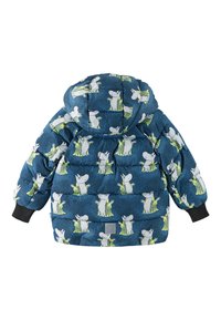 Giubbotto imbottito con sfondo blu che presenta stampe ripetute di animali in cartone animato in bianco e verde. Include un cappuccio e polsini elastici.