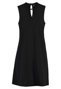 Robe noire sans manches avec un décolleté en V, détail en lace le long du décolleté et fermeture en trou de serrure au dos ; tissu lisse, forme évasée.