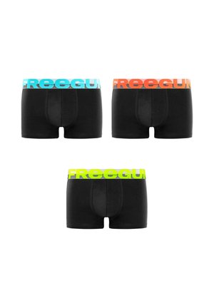 Trois boxers noirs avec larges ceintures élastiques en bleu, orange et vert néon, chacun arborant la marque "FREEGUN".