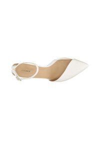 Scarpa slingback bianca con punta a punta, pannello laterale trasparente, sottile cinturino alla caviglia e finitura liscia e lucida. Tacco piatto per stabilità.