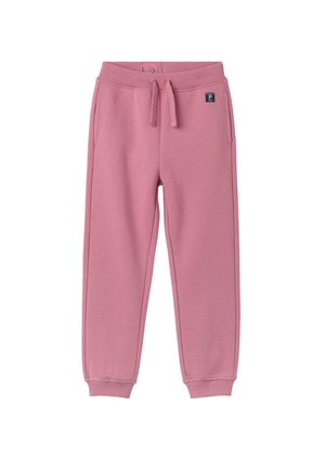 Vaatekoot vaaleanpunaiset housut, joissa on nyöri vyötäröllä, ribbed hihansuut ja logo-patch etuvasemmalla puolella. Pehmeä kangas, rento muotoilu.