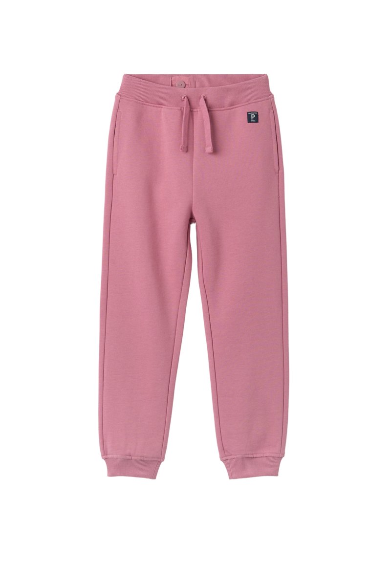 Lyserøde sweatpants med snor i taljen, ribbede manchetter og et logo-patch på venstre forside. Blød stofstruktur, afslappet pasform.