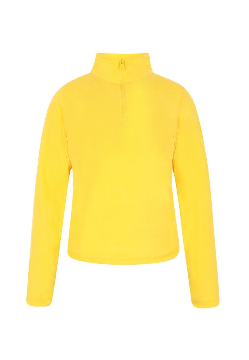 Gul fleece-pullover med halvlynlås krave, lange ærmer og en glat tekstur. Designet er enkelt uden mønstre eller accenter.
