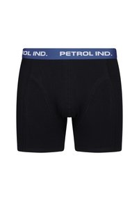 Boxer in cotone neri con elastico blu riportante la scritta "PETROL IND." in bianco. Tessuto morbido con dettagli di cucitura sottili.