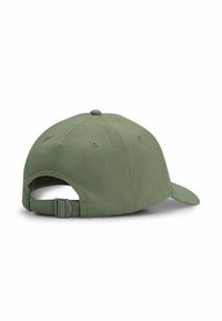 Green baseball cap made of textured fabric, featuring a curved peak, adjustable strap at the back, and ventilation eyelets.