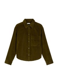 Chemise en velours côtelé vert olive à manches longues, avec un devant boutonné, une poche poitrine et un col classique. Tissu texturé avec des côtes verticales.