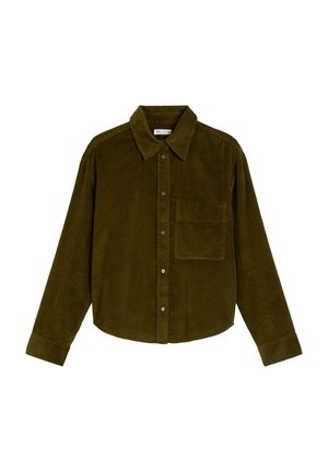 Olijfgroen corduroy shirt met lange mouwen, knoopsluiting aan de voorkant, een borstzak en een klassieke kraag. Gestructureerde stof met verticale ribbels.