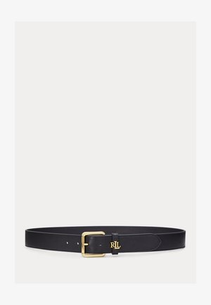 Čierny kožený opasok so zlatou obdĺžnikovou prackou a malým zlatým logom "RLL" blízko pracky na jednoduchom svetlom pozadí.
