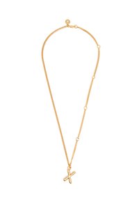 Collar en tono dorado con una fina cadena adornada con pequeñas cuentas redondas y un colgante en forma de cruz.