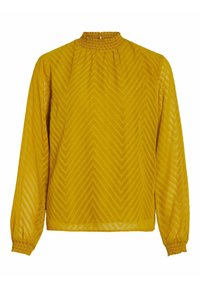 Blouse jaune à manches longues avec un col montant, présentant un motif en chevrons et des poignets élastiques. Fabriquée en tissu semi-transparent et texturé.