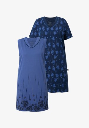 Dos vestidos azules: uno es sin mangas con un detalle floral en la parte inferior, el otro tiene mangas cortas con un patrón floral. Ambos tienen escote en forma de V.