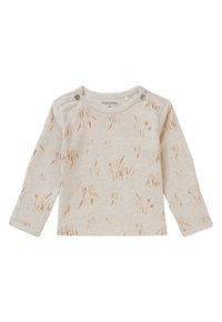 Lichtbeige langemouwen top met een natuur geïnspireerd patroon in oranje tinten. Drukknoopjes op de schouder voor gemakkelijk aankleden. Zachte stof.