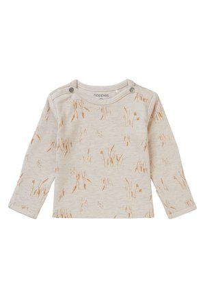 Helles beige Langarmshirt mit einem von der Natur inspirierten Muster in Orangetönen. Druckknöpfe an der Schulter für einfaches An- und Ausziehen. Weicher Stoff.