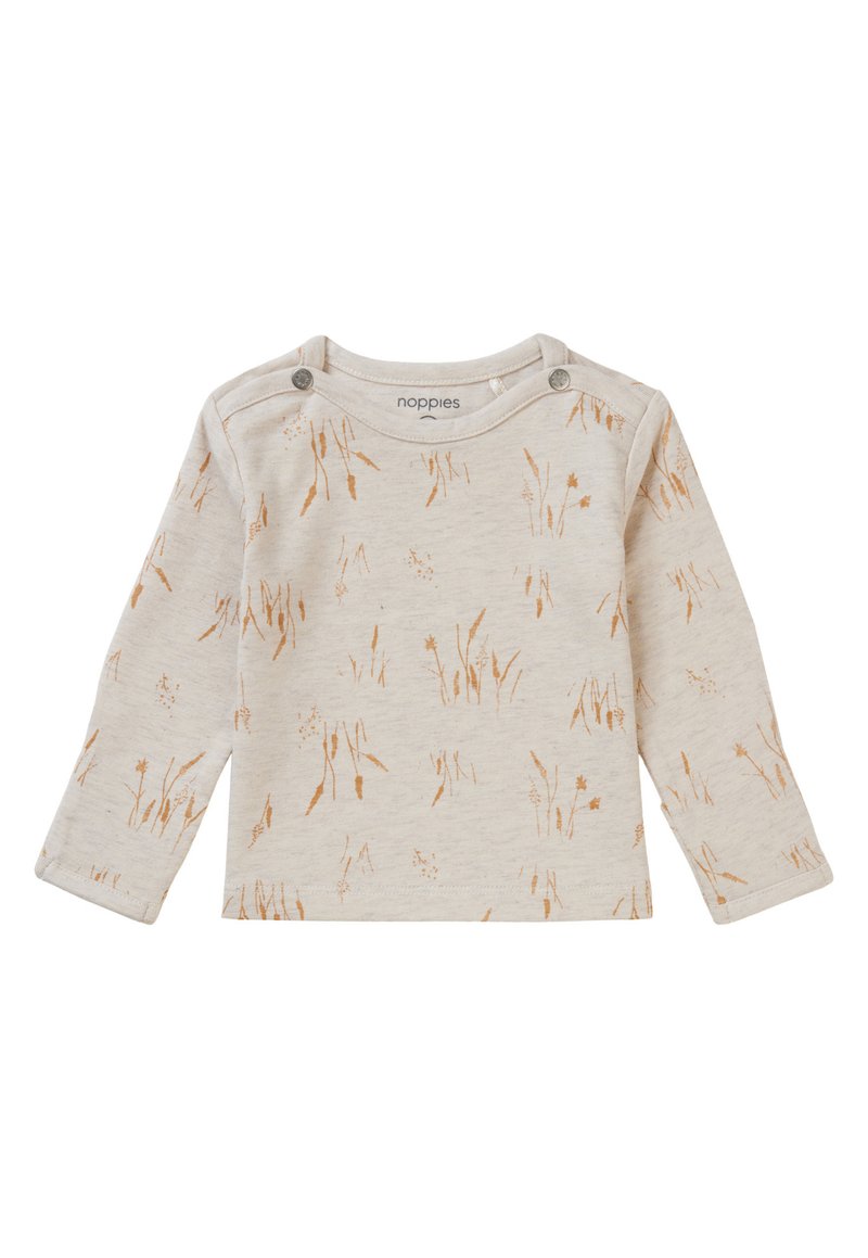 Lichtbeige langemouwen top met een natuur geïnspireerd patroon in oranje tinten. Drukknoopjes op de schouder voor gemakkelijk aankleden. Zachte stof.