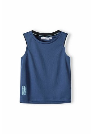 Blå ærmeløs sportstanktop med sort og hvid kant ved skuldrene og lyseblå tekst med ordene "RESPEKT?" nær bunden af kanten.