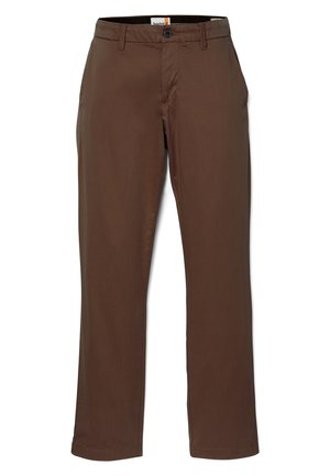 Bruine broek van gladde stof, met een knoopsluiting, riemlussen en rechte pijpen zonder zichtbare patronen of accenten.