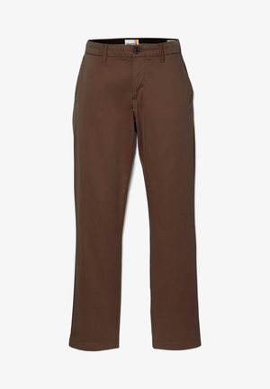 Pantaloni marroni in tessuto liscio, con chiusura a bottone, passanti per cintura e gamba dritta senza motivi o decorazioni visibili.