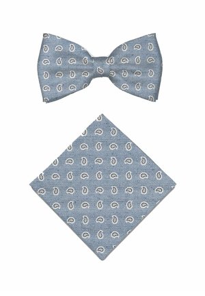 Light blue bow tie and matching pocket square with white paisley pattern on herringbone textured fabric.