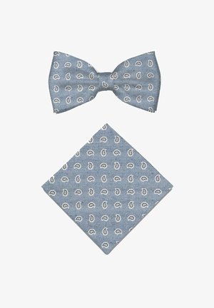 Light blue bow tie and matching pocket square with white paisley pattern on herringbone textured fabric.