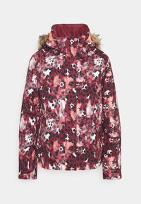 Veste d’hiver à imprimé léopard bordeaux et rose avec capuche amovible bordée de fourrure et fermeture éclair frontale, conçue pour temps froid.