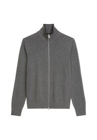 Grau gestrickter Zip-Up-Pullover mit hohem Kragen, gerippten Bündchen und Saum. Der Reißverschluss vorne verläuft über die gesamte Länge des Pullovers für ein einfaches An- und Ausziehen.