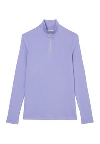 Haut lilas à manches longues avec un col montant et une fermeture éclair à moitié devant. Texture côtelée, coupe ajustée, sans motifs ni ornements visibles.