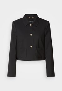 Černá zkrácená bunda s límcem, pěti zlatými knoflíky a dvěma předními kapsami. Vyrobena z hladké tkaniny s elegantním a přiléhavým střihem.
