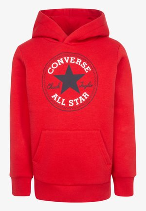 Sweat à capuche rouge Converse avec logo étoile noir et texte "Chuck Taylor All Star" sur le devant, avec une poche kangourou à l'avant.